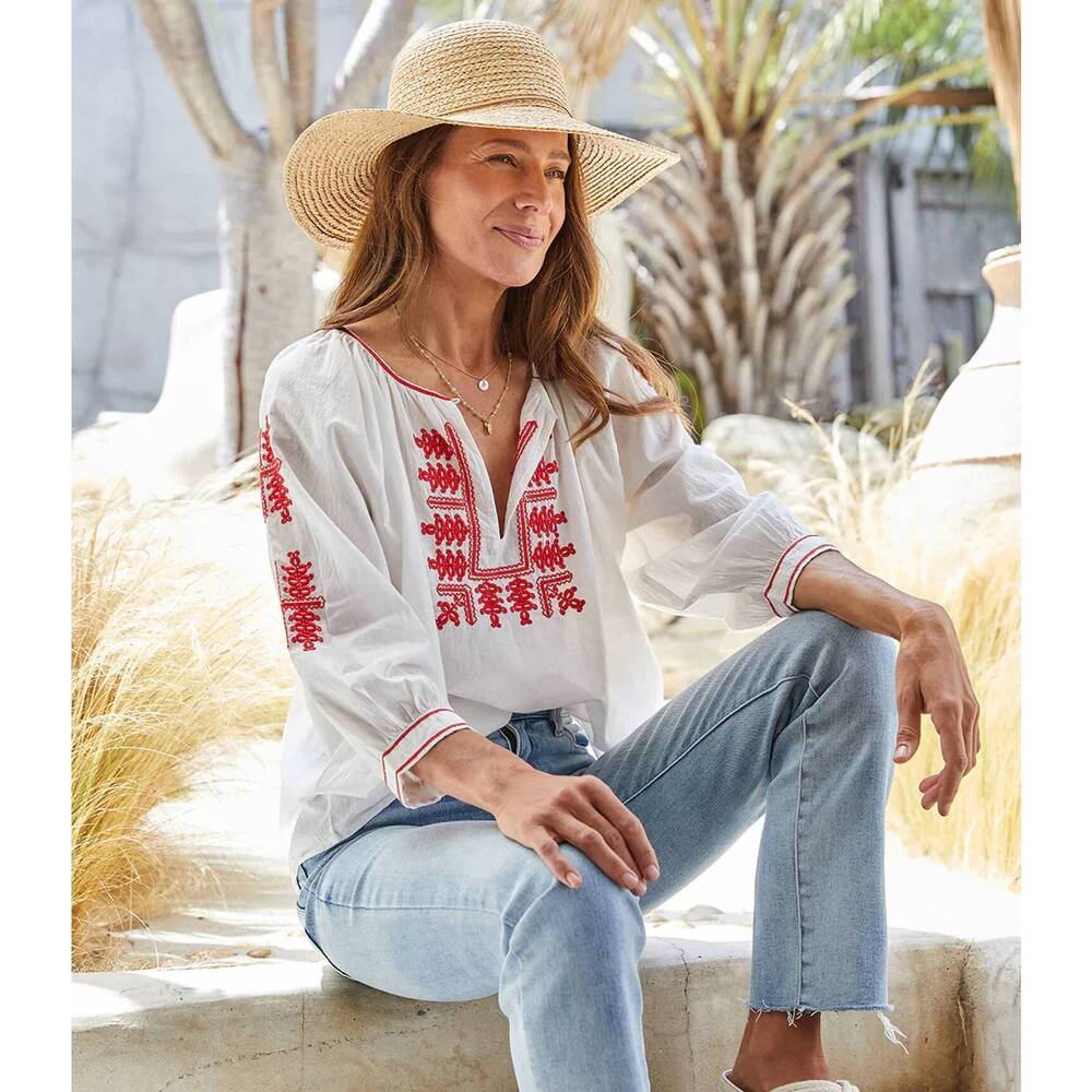 NEW KAREN KANE catrina three-quarter sleeve embroidered top in cream/ red - Picture 5 of 5